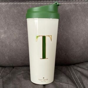 Kate Spade New York Women's Initial Thermal Travel Mug Tumbler, 16oz, T (Green)